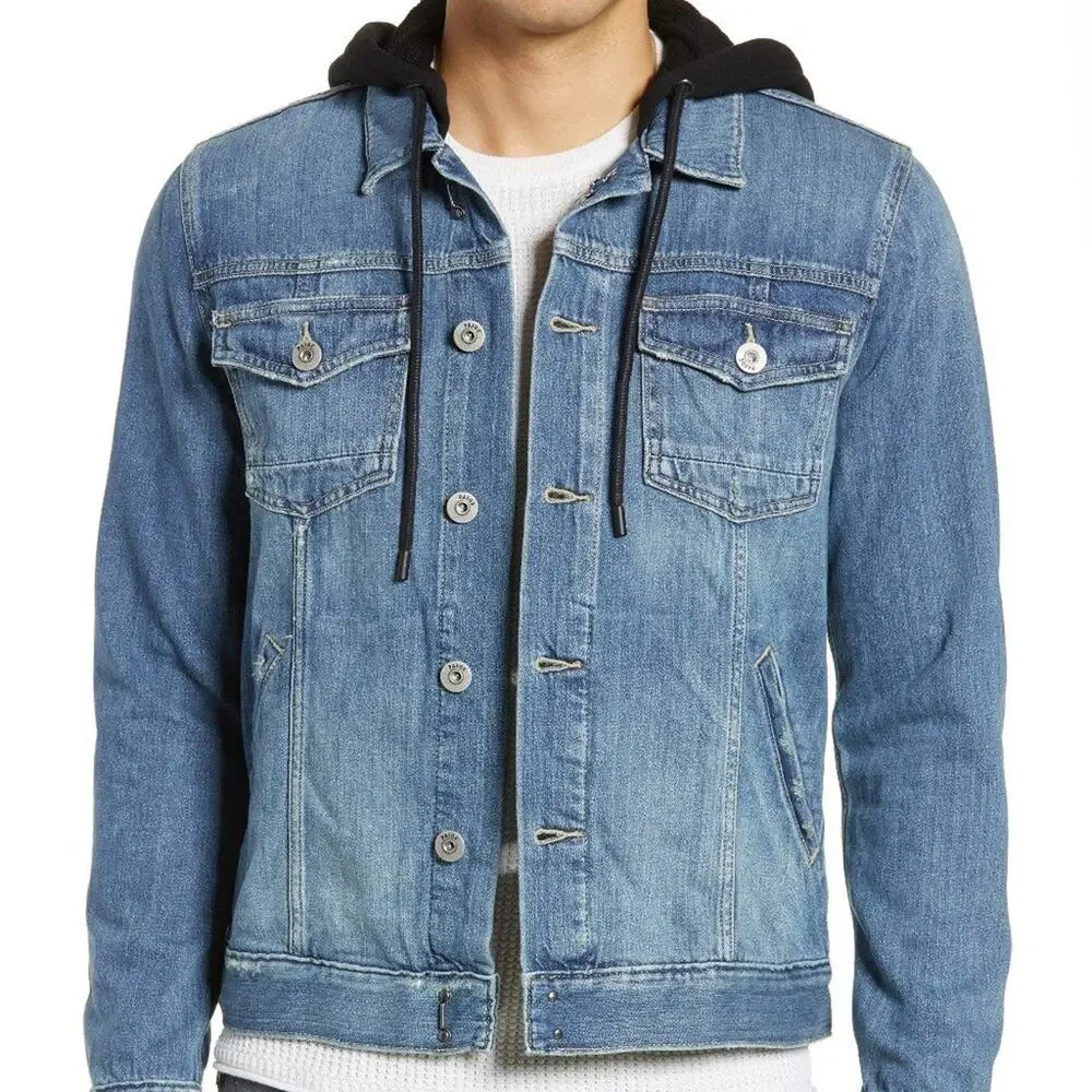 Paige Scout Mid-Wash Denim Jean Jacket with Black Drawstring Hoodie Size XL